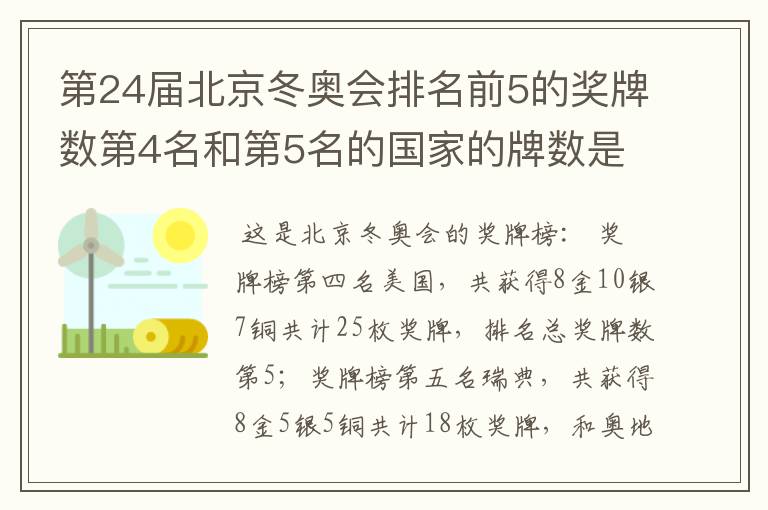 第24届北京冬奥会排名前5的奖牌数第4名和第5名的国家的牌数是多少?