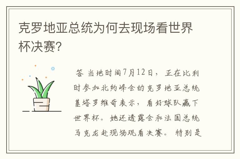 克罗地亚总统为何去现场看世界杯决赛?