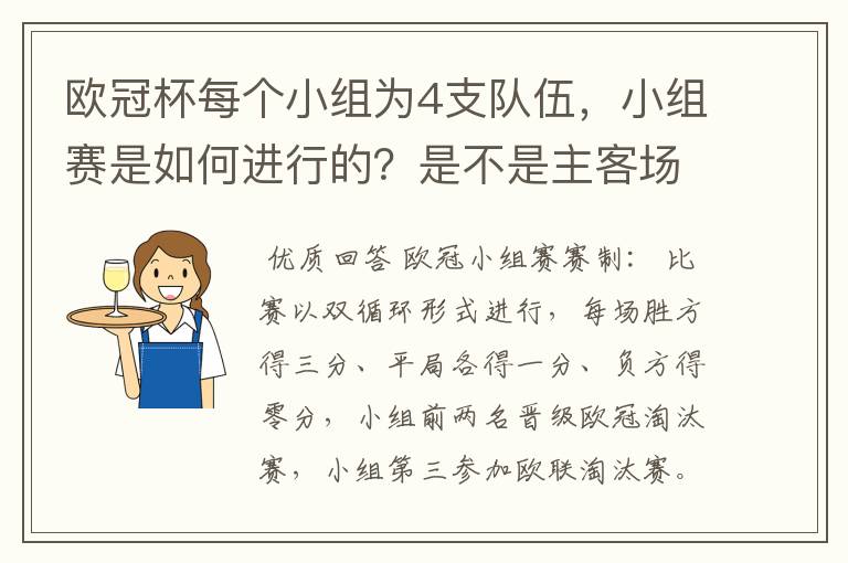 欧冠杯每个小组为4支队伍,小组赛是如何进行的?是不是主客场制?每支球队要进行几场小组赛?