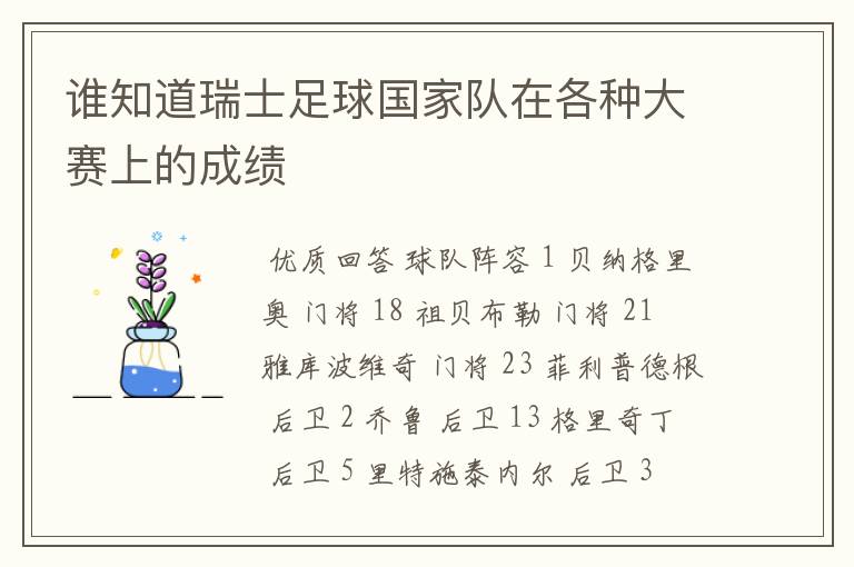 谁知道瑞士足球国家队在各种大赛上的成绩