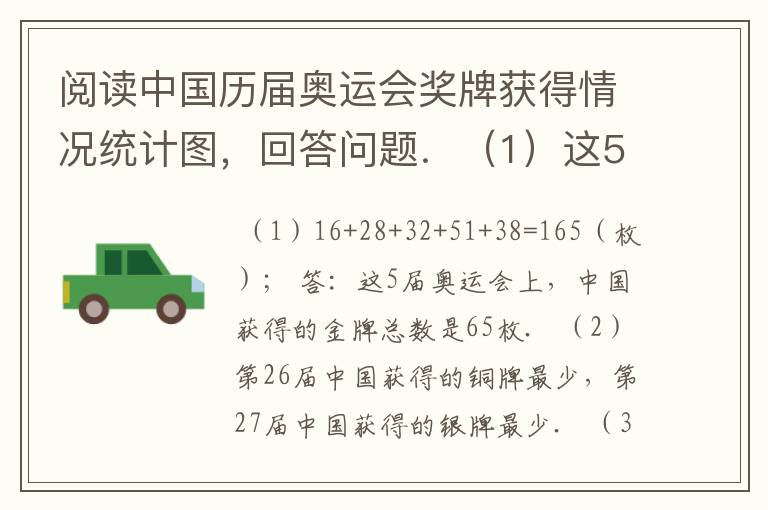 阅读中国历届奥运会奖牌获得情况统计图,回答问题.(1)这5届奥运会上,中国获得的金牌总数是多少?(2