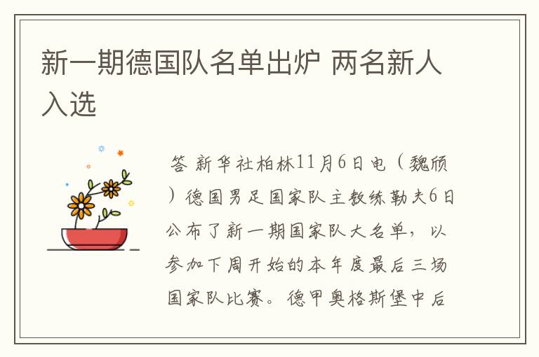 新一期德国队名单出炉 两名新人入选
