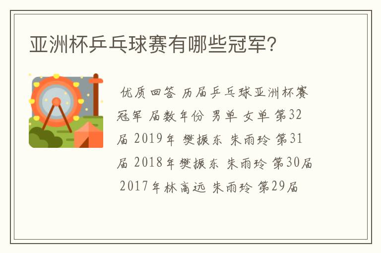 亚洲杯乒乓球赛有哪些冠军?