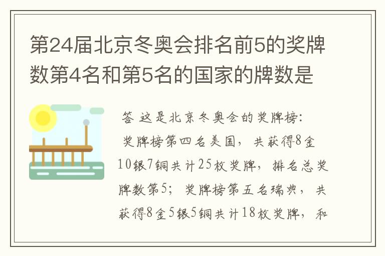 第24届北京冬奥会排名前5的奖牌数第4名和第5名的国家的牌数是多少?