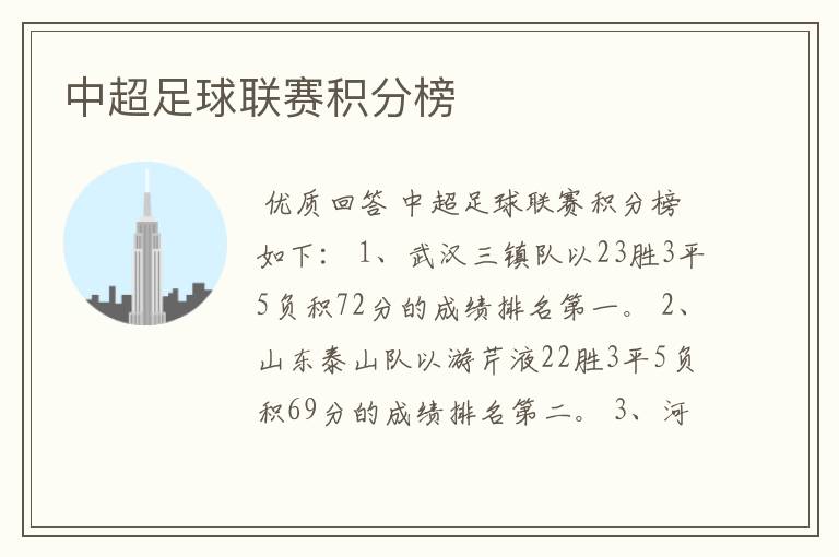 中超足球联赛积分榜