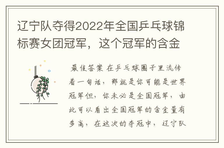 辽宁队夺得2022年全国乒乓球锦标赛女团冠军,这个冠军的含金量有多高?