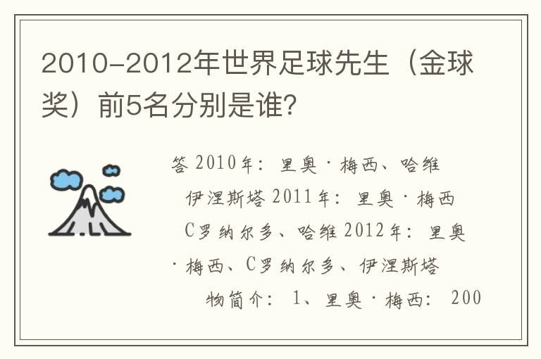 2010-2012年世界足球先生(金球奖)前5名分别是谁?