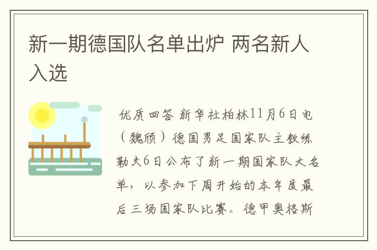 新一期德国队名单出炉 两名新人入选