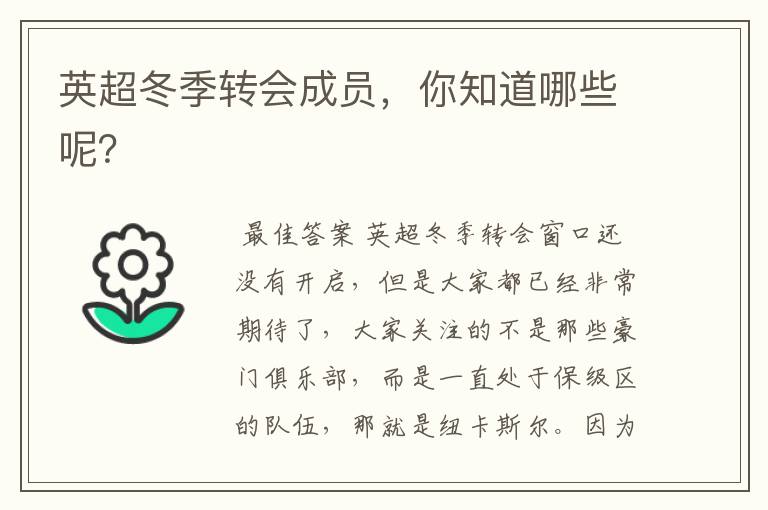 英超冬季转会成员,你知道哪些呢?