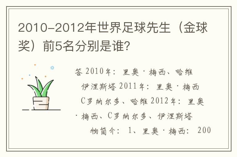 2010-2012年世界足球先生(金球奖)前5名分别是谁?
