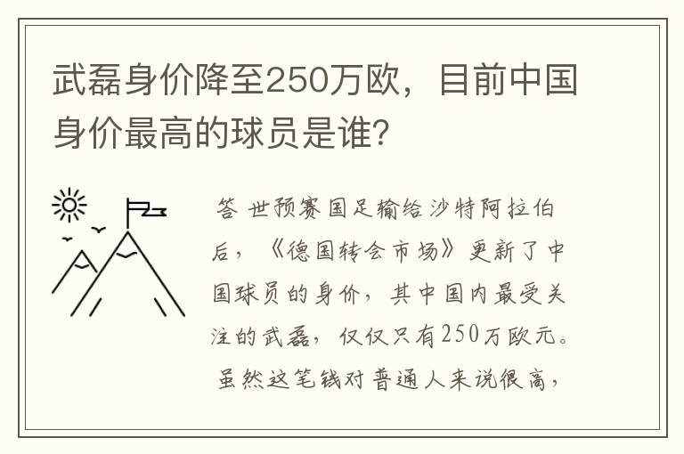武磊身价降至250万欧,目前中国身价最高的球员是谁?