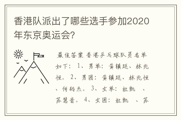 香港队派出了哪些选手参加2020年东京奥运会?