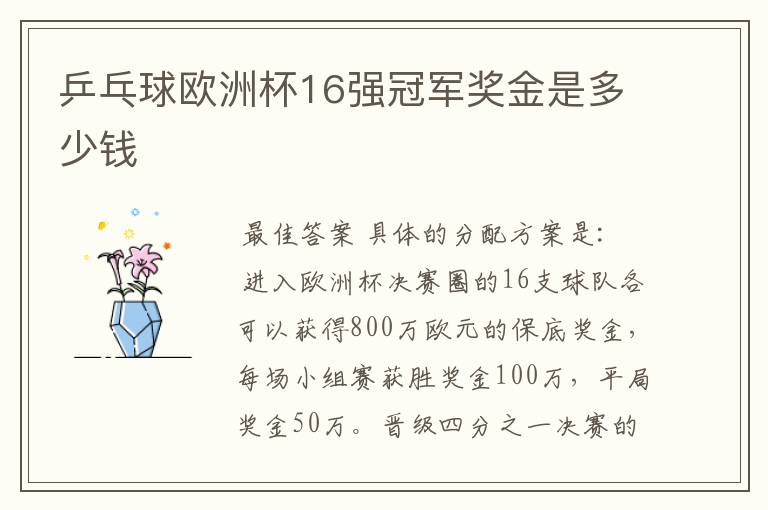 乒乓球欧洲杯16强冠军奖金是多少钱