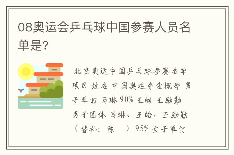 08奥运会乒乓球中国参赛人员名单是?