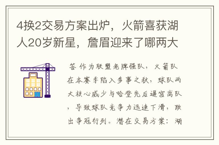 4换2交易方案出炉,火箭喜获湖人20岁新星,詹眉迎来了哪两大帮手?