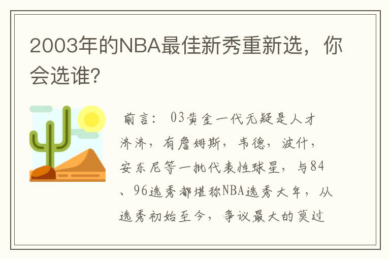 2003年的NBA最佳新秀重新选,你会选谁?