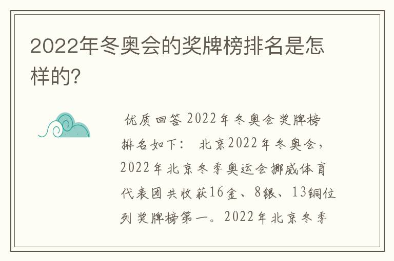 2022年冬奥会的奖牌榜排名是怎样的?
