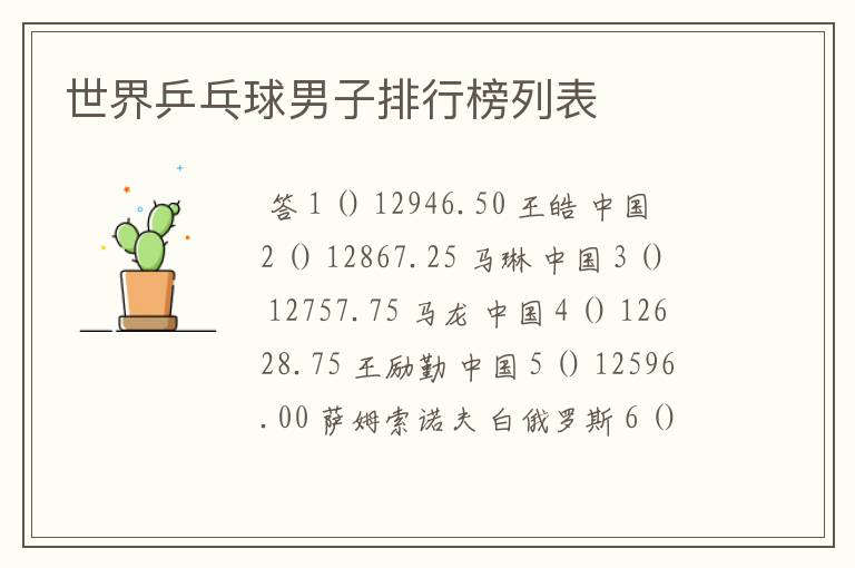 世界乒乓球男子排行榜列表