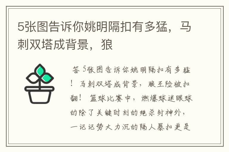 5张图告诉你姚明隔扣有多猛,马刺双塔成背景,狼