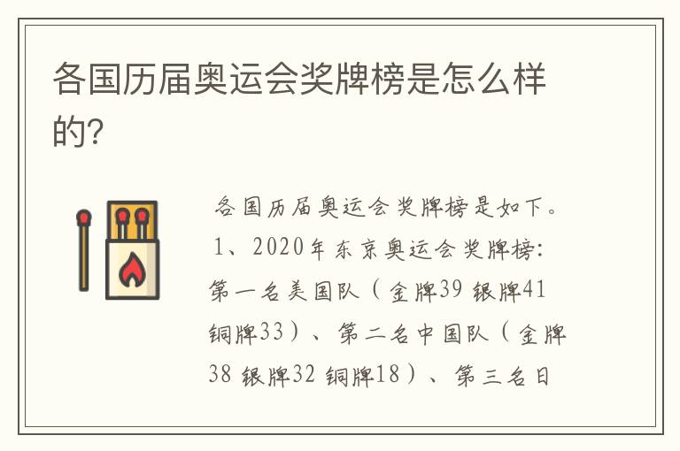 各国历届奥运会奖牌榜是怎么样的?