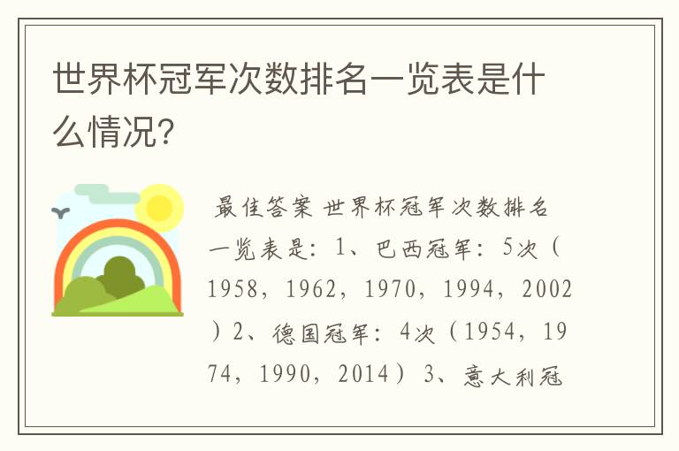 世界杯冠军次数排名一览表是什么情况?