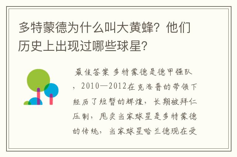 多特蒙德为什么叫大黄蜂?他们历史上出现过哪些球星?