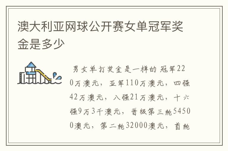 澳大利亚网球公开赛女单冠军奖金是多少