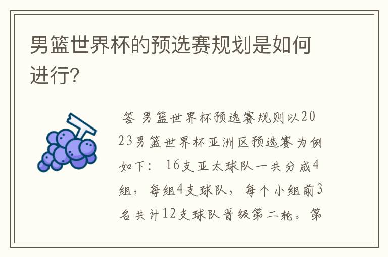 男篮世界杯的预选赛规划是如何进行?