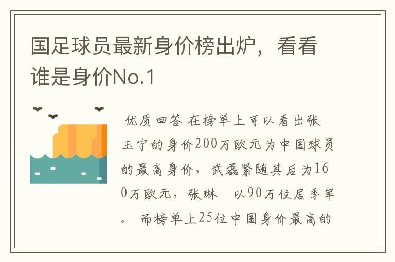 国足球员最新身价榜出炉,看看谁是身价No.1