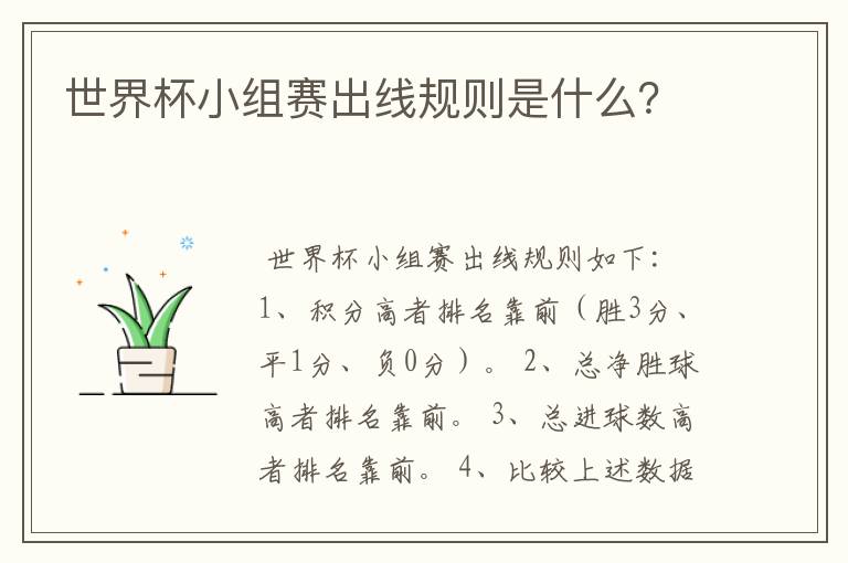 世界杯小组赛出线规则是什么?