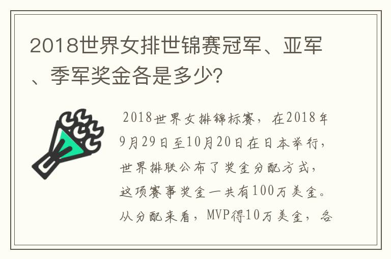 2018世界女排世锦赛冠军、亚军、季军奖金各是多少?