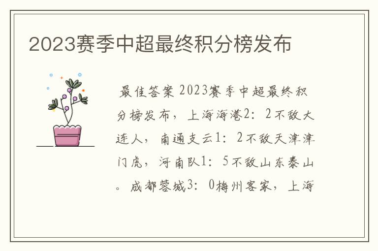 2023赛季中超最终积分榜发布