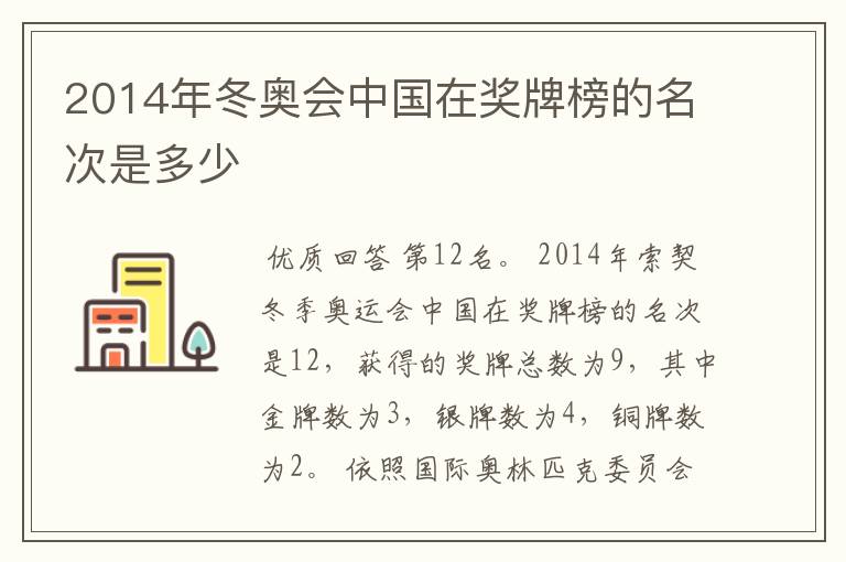 2014年冬奥会中国在奖牌榜的名次是多少