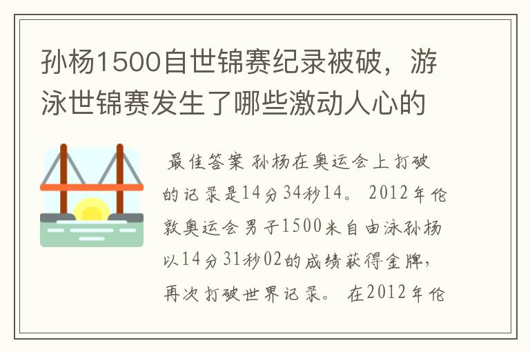 孙杨1500自世锦赛纪录被破,游泳世锦赛发生了哪些激动人心的时刻?