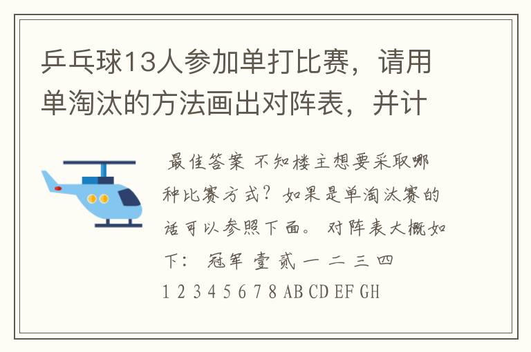 乒乓球13人参加单打比赛,请用单淘汰的方法画出对阵表,并计算出比赛的轮空数、轮次、总场数?