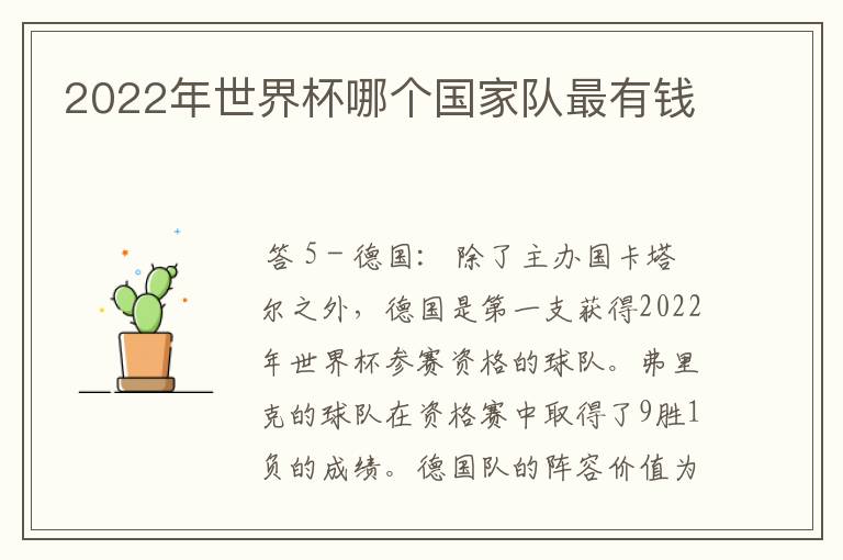 2022年世界杯哪个国家队最有钱