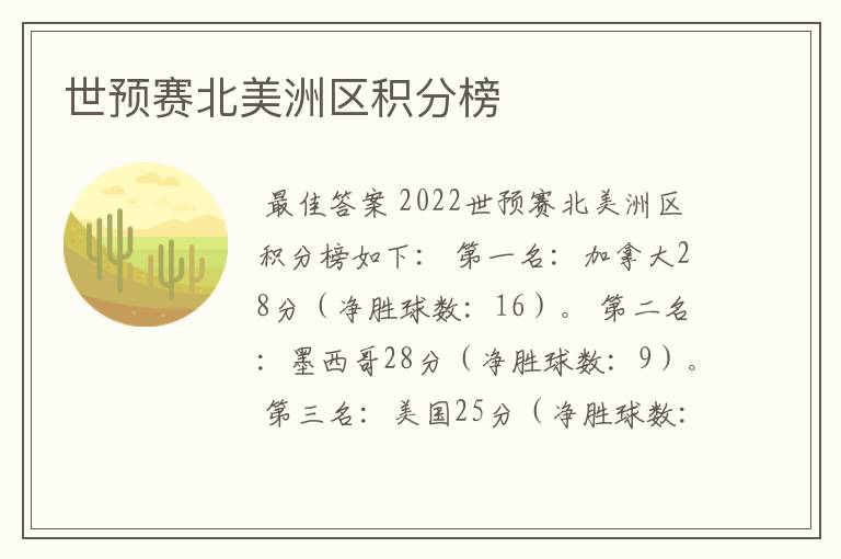 世预赛北美洲区积分榜