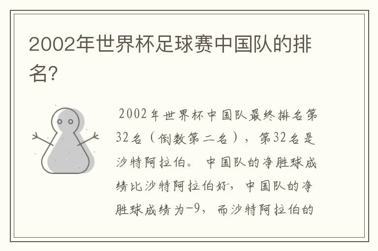2002年世界杯足球赛中国队的排名?