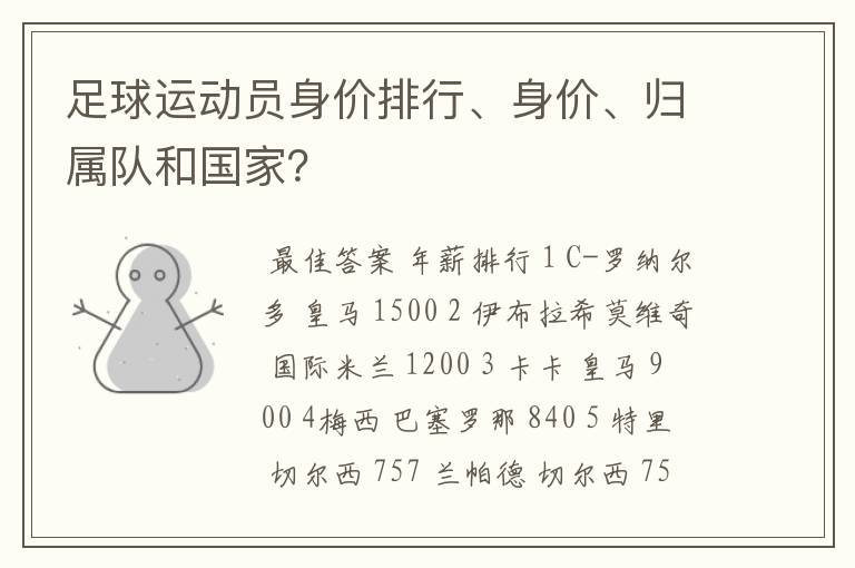 足球运动员身价排行、身价、归属队和国家?