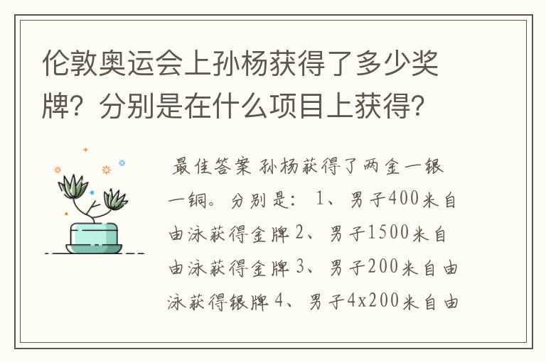 伦敦奥运会上孙杨获得了多少奖牌?分别是在什么项目上获得?