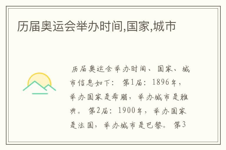 历届奥运会举办时间,国家,城市