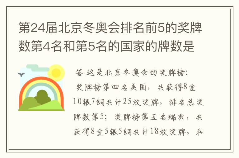 第24届北京冬奥会排名前5的奖牌数第4名和第5名的国家的牌数是多少?