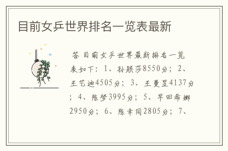 目前女乒世界排名一览表最新