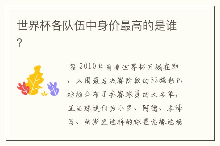 世界杯各队伍中身价最高的是谁?