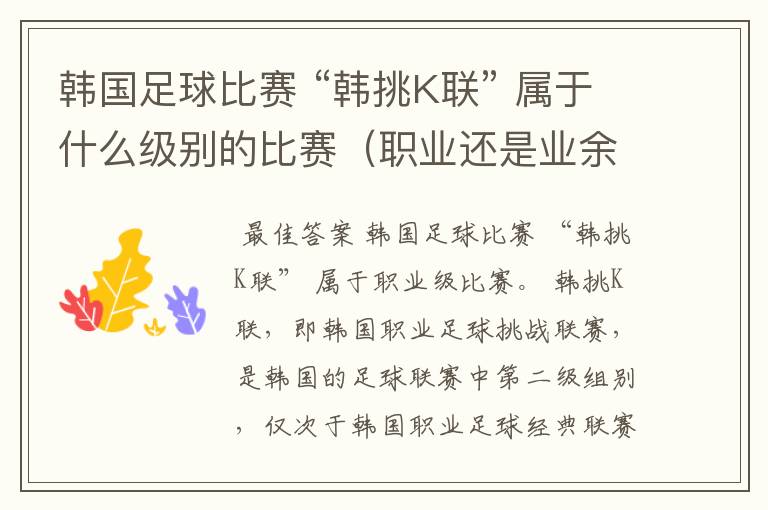 韩国足球比赛 “韩挑K联” 属于什么级别的比赛(职业还是业余)?