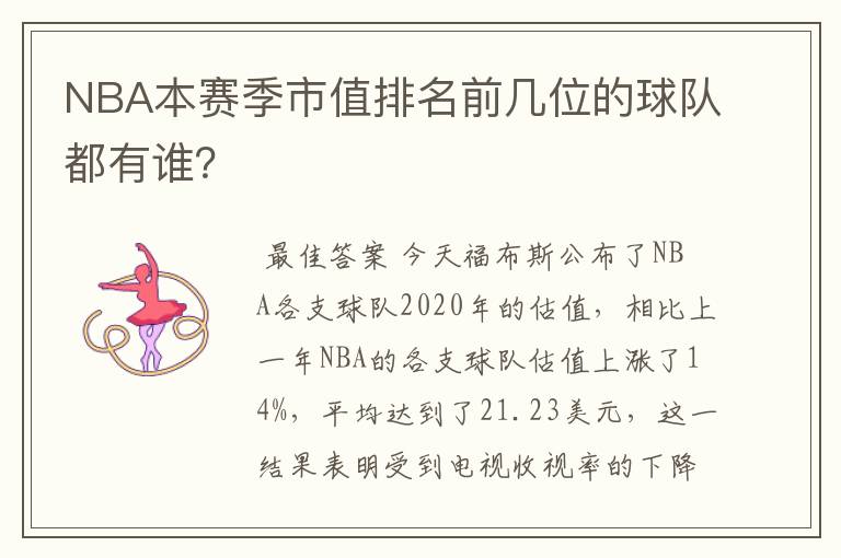 NBA本赛季市值排名前几位的球队都有谁?