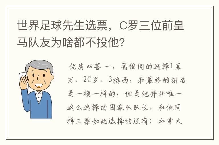 世界足球先生选票,C罗三位前皇马队友为啥都不投他?