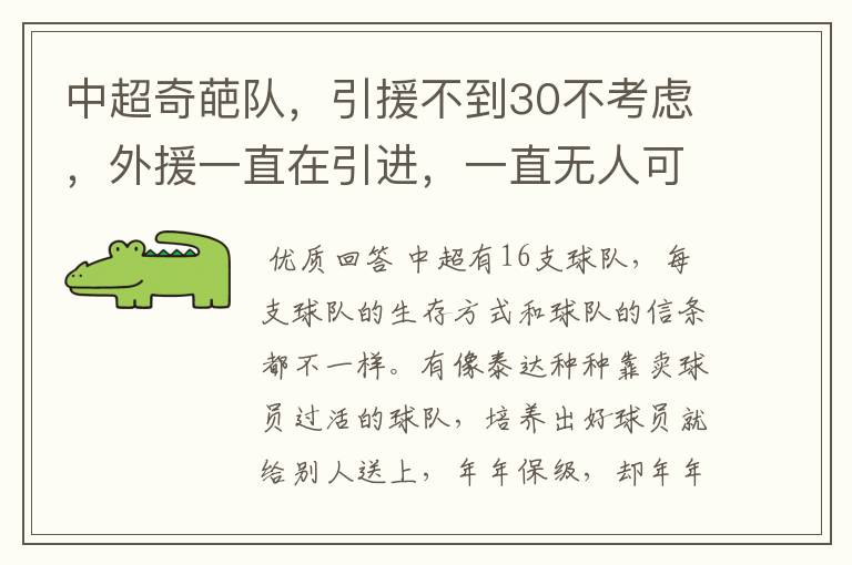 中超奇葩队,引援不到30不考虑,外援一直在引进,一直无人可用