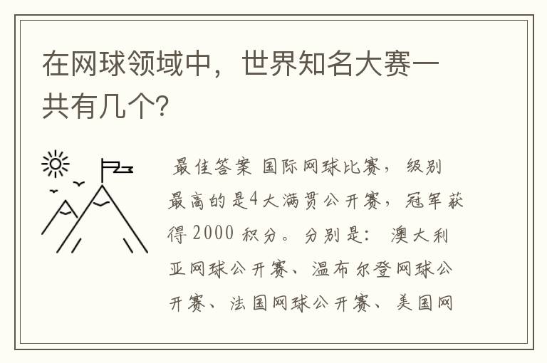 在网球领域中,世界知名大赛一共有几个?