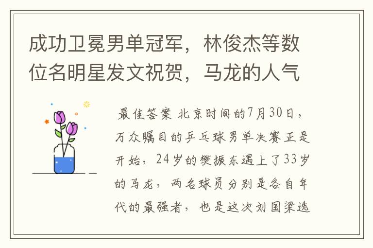 成功卫冕男单冠军,林俊杰等数位名明星发文祝贺,马龙的人气为何这么高?